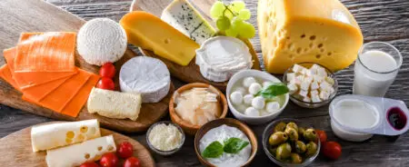A variety of dairy products including cheese, milk and yogurt.