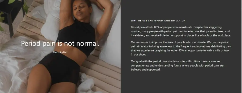 Screenshot of Somedays' website, where they explain the reasons behind their campaign surrounding their period pain simulator.