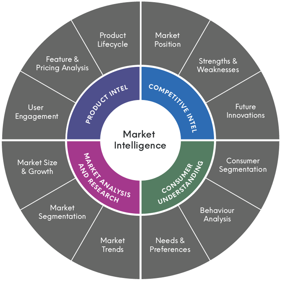 Infographic that details the four core aspects of Market Intelligence.