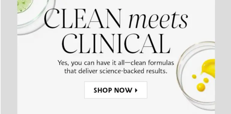 Screenshot of Sephora advertising the combination of clean and clinical beauty.
