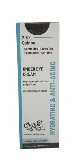 Product image of Chemist at Play's hydrating and anti-aging cream, promoting long-lasting results and safety claims.