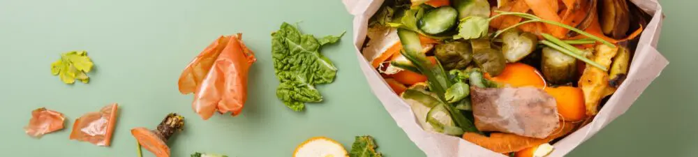Baber bag filled with food waste scraps with some scraps next to the bag on green background.