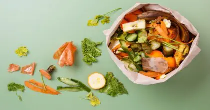 Baber bag filled with food waste scraps with some scraps next to the bag on green background.