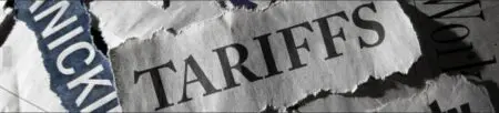 The word 'Tarriffs' is capitsalised on a ripped piece of paper resembling a newspaper.