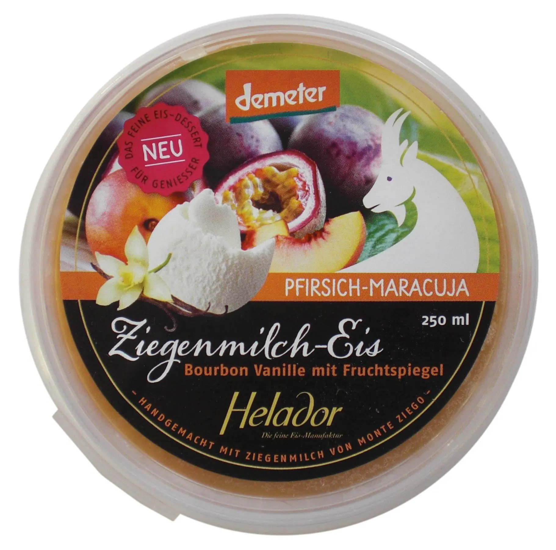 Bourbon Vanilla Goat's Milk Ice Cream with Peach and Passionfruit Compote