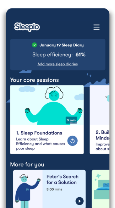 Screenshot des Interface der Sleepio App.