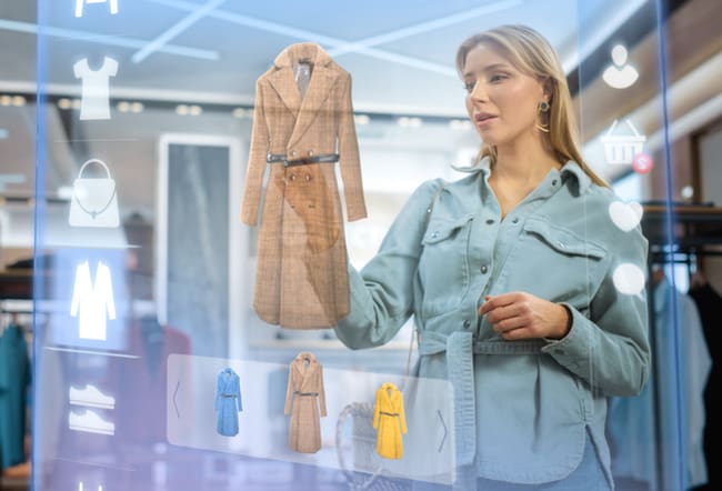 Woman using augmented reality to shop for a new coat.