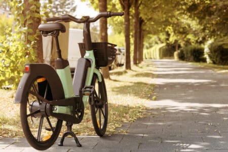 An electric bike is parked in a park, with green trees and grass around.