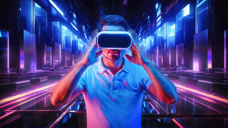 Man with VR headset on and futuristic background