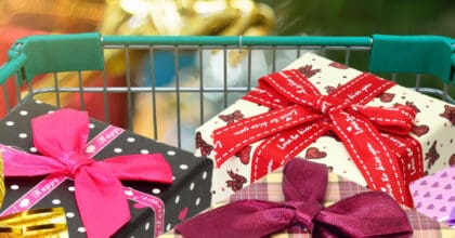 Colourful Christmas presents in a shopping cart