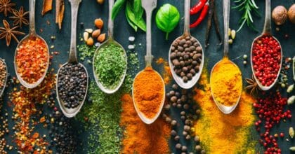 Future of Ingredients: A landscape view of spoons with different spices on them.