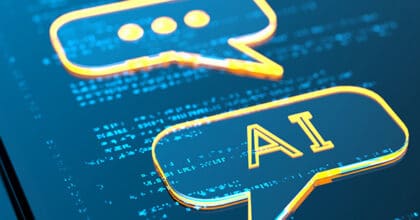 The words 'AI' written in a speech bubble on a blue background.
