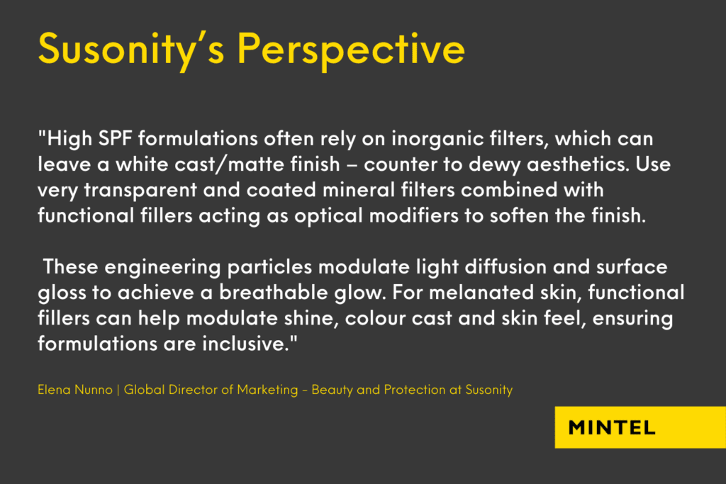 Susonity shares its perspective with Mintel on how BPC brands can improve the skinification of suncare. In this infographic, they highlight the benefits of functional fillers for melanated skin. 