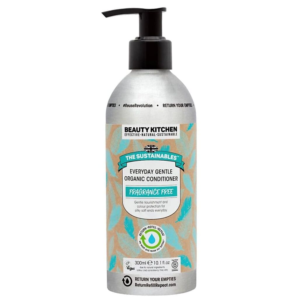 Product image of Beauty Kitchen's organic conditioner that is sold in a reusable aluminium bottle.