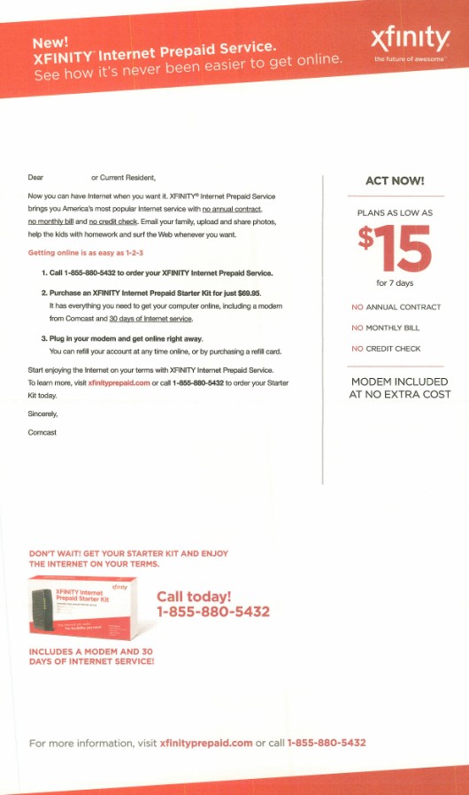 Comperemedia has collected a variety of direct marketing efforts for prepaid Xfinity services, such as this mailer, observed in August 2013.