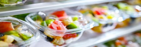 Convenience food packaged in plastic containers.