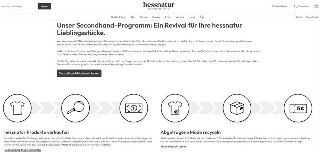 hessnatur Website für den Wiederverkauf von Preloved hessnatur Artikeln.