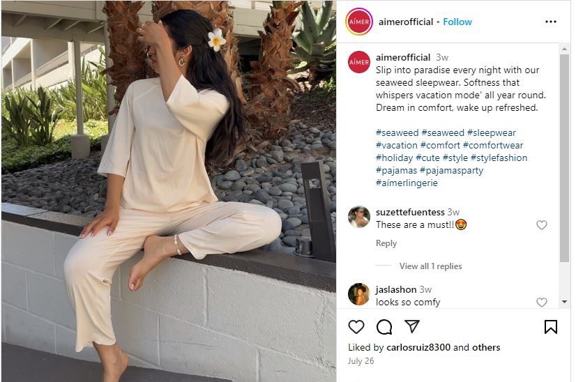 Instagram Post der Marke Aimer, der für Nachtwäsche aus innovativen Stoffen wirbt.