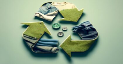 Grüne und blaue Kleidungsstücke, die das Reyclinglogo bilden